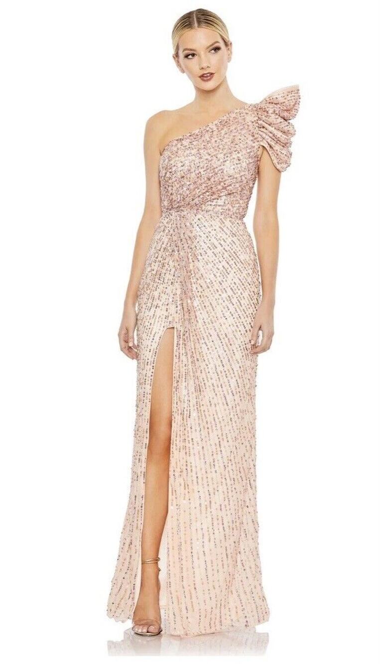 Mac Duggal Embellished Puff One Shoulder Gown Apricot 5622 Size 12 NWT